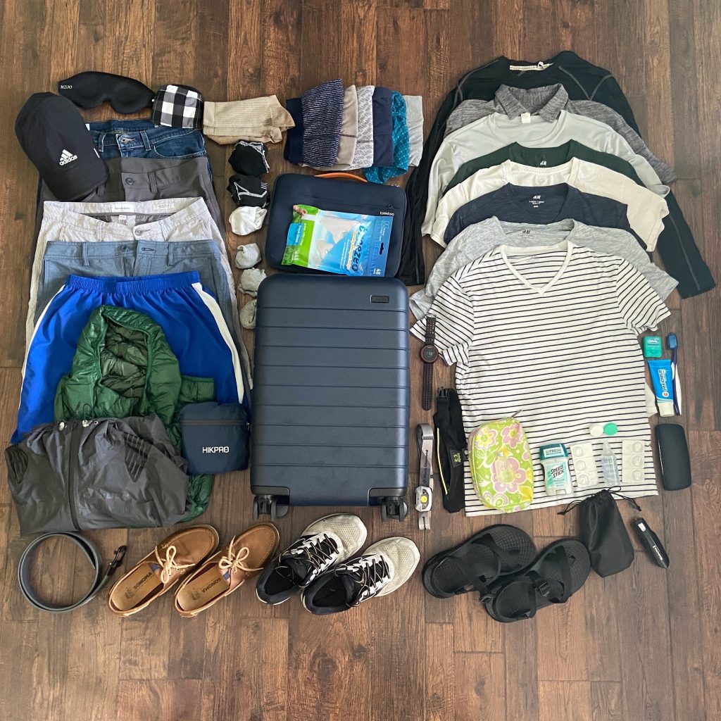 Brett's Away Bag Carry-on, eBags packing cubes, and travel clothes