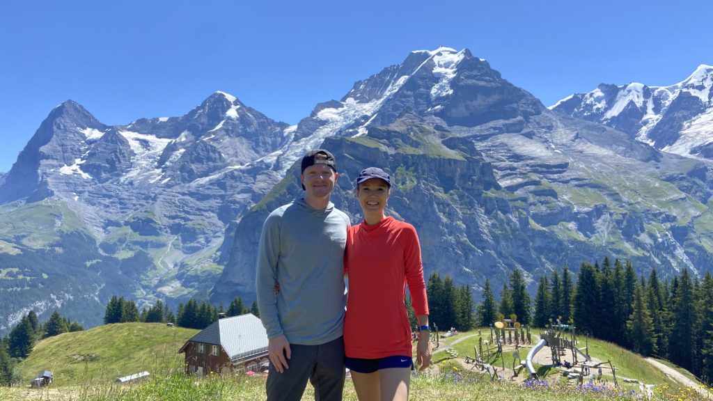 Aplins in the Alps travel Switzerland at Allmendhubel near Murren Switzerland in front of the Jungfrau Monch Eiger mountains