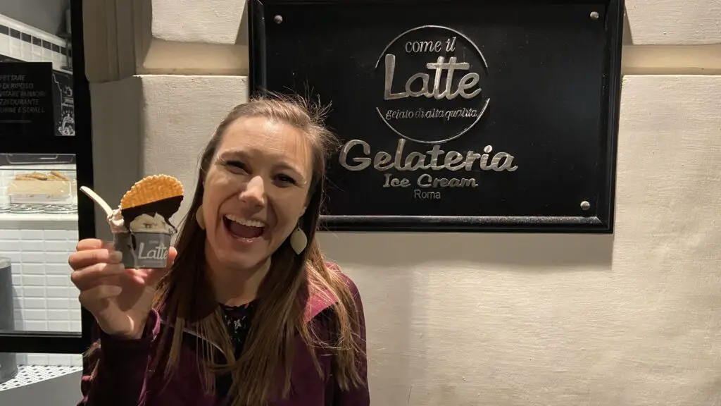 Jana Aplin at Come il Latte gelateria ice cream in rome gelato