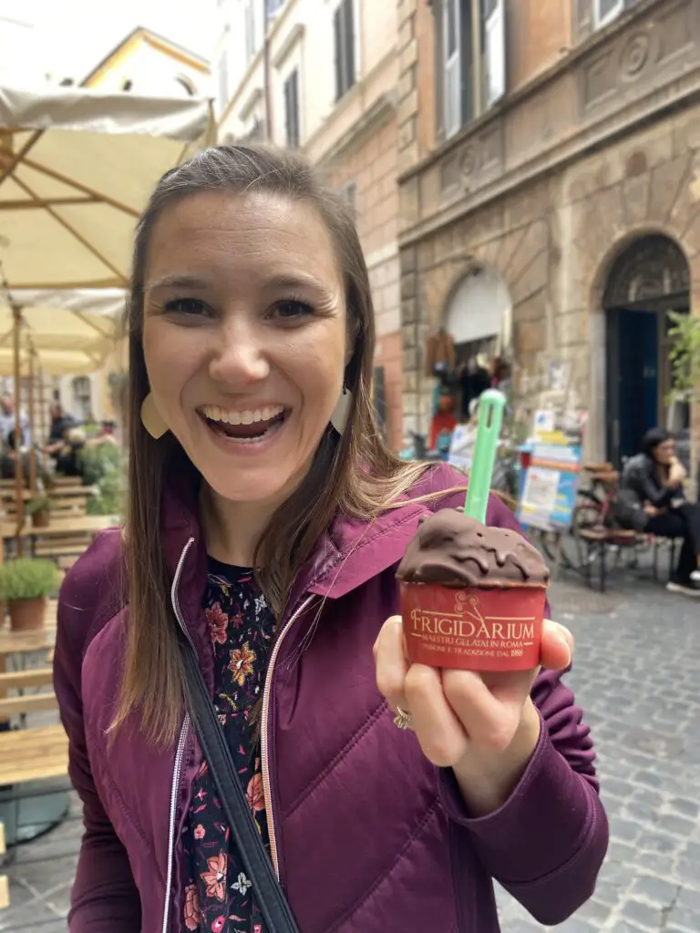 Jana eating gelato in Rome from frigidarium gelateria in the city of Rome, Italy. By Aplins in the Alps.