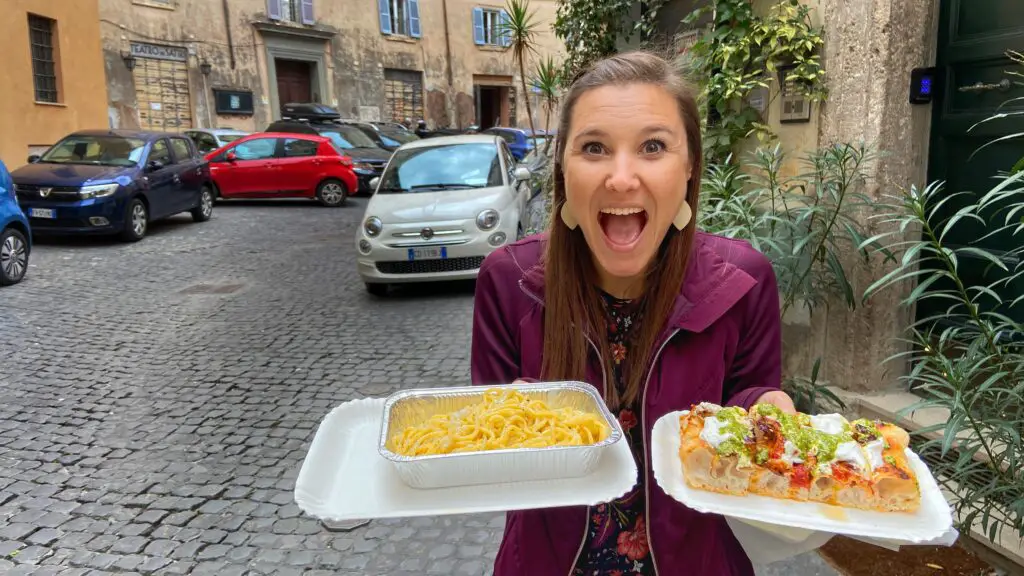 Jana Aplin in Rome, Italy with cacie e pepe pasta and focaccia pizza