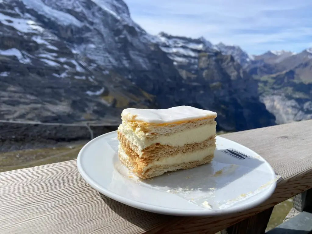 rahmschnitte cream cake at eigergletscher restaurant near jungfraujoch switzerland by aplins in the alps