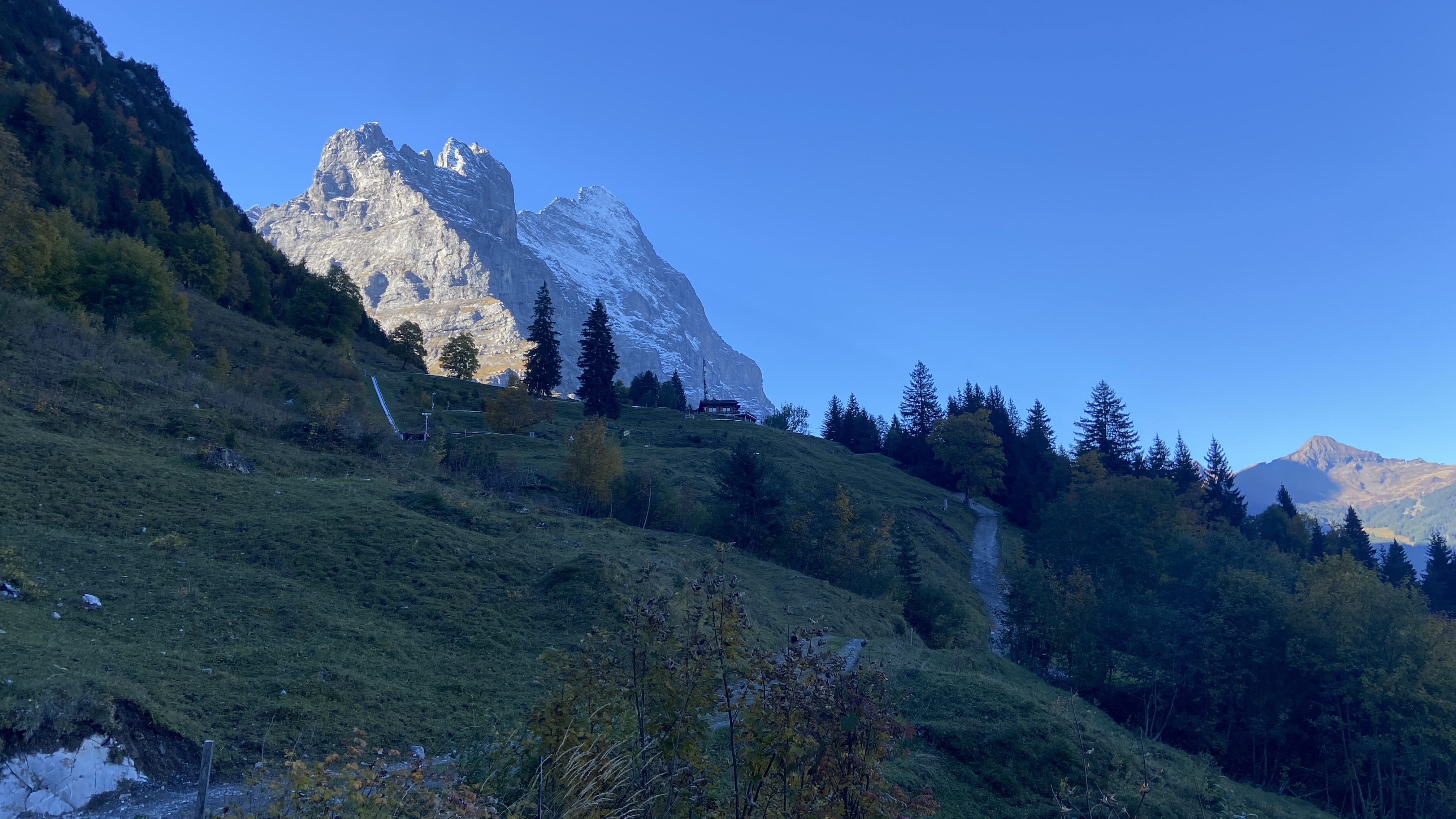 view of Pfingstegg, Pfingstegg toboggan, and the Eiger mountain above Grindelwald, Switzerland