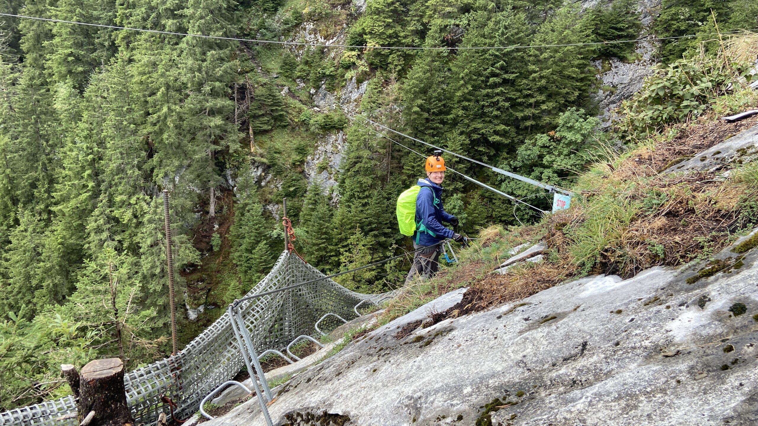 Brett, from Aplins in the Alps, about to cross the murren via ferrata zipline