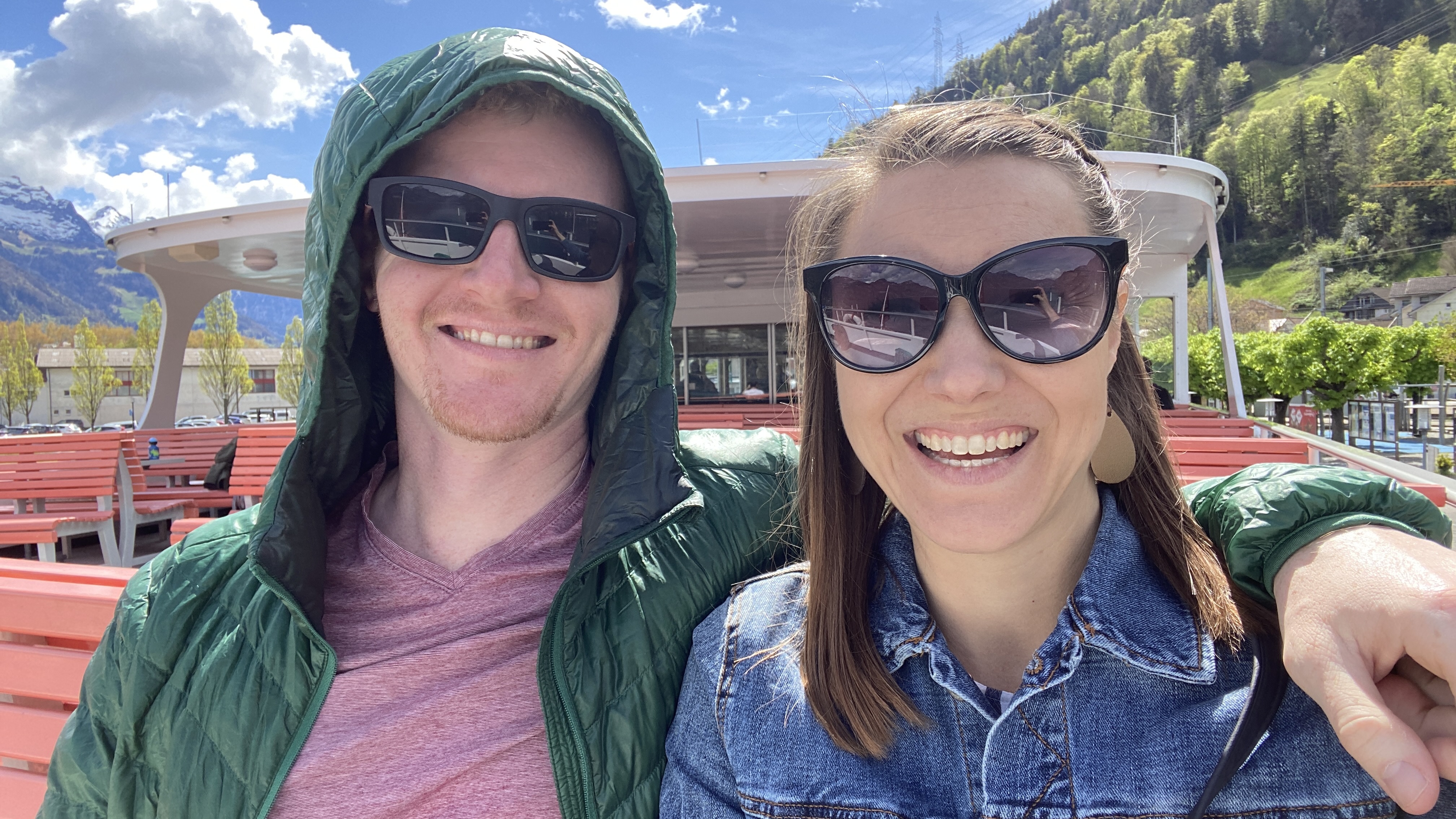 Jana and Brett on the Gotthard Panorama Express on Lake Lucerne Switzerland