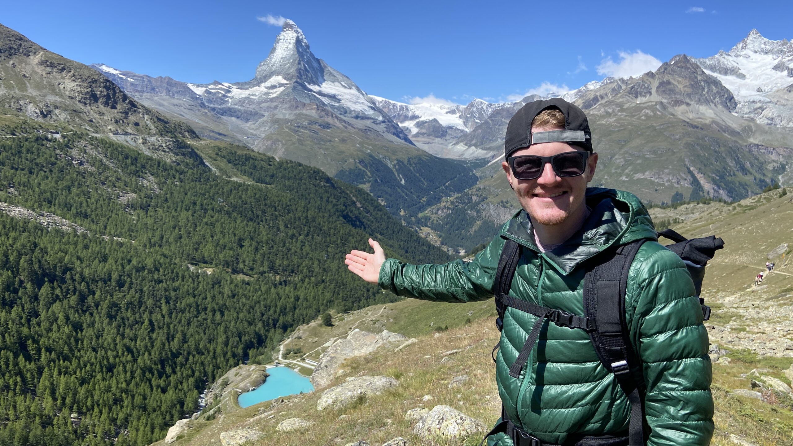 Brett in front of the matterhorn mountain on the 5 lakes trail zermatt