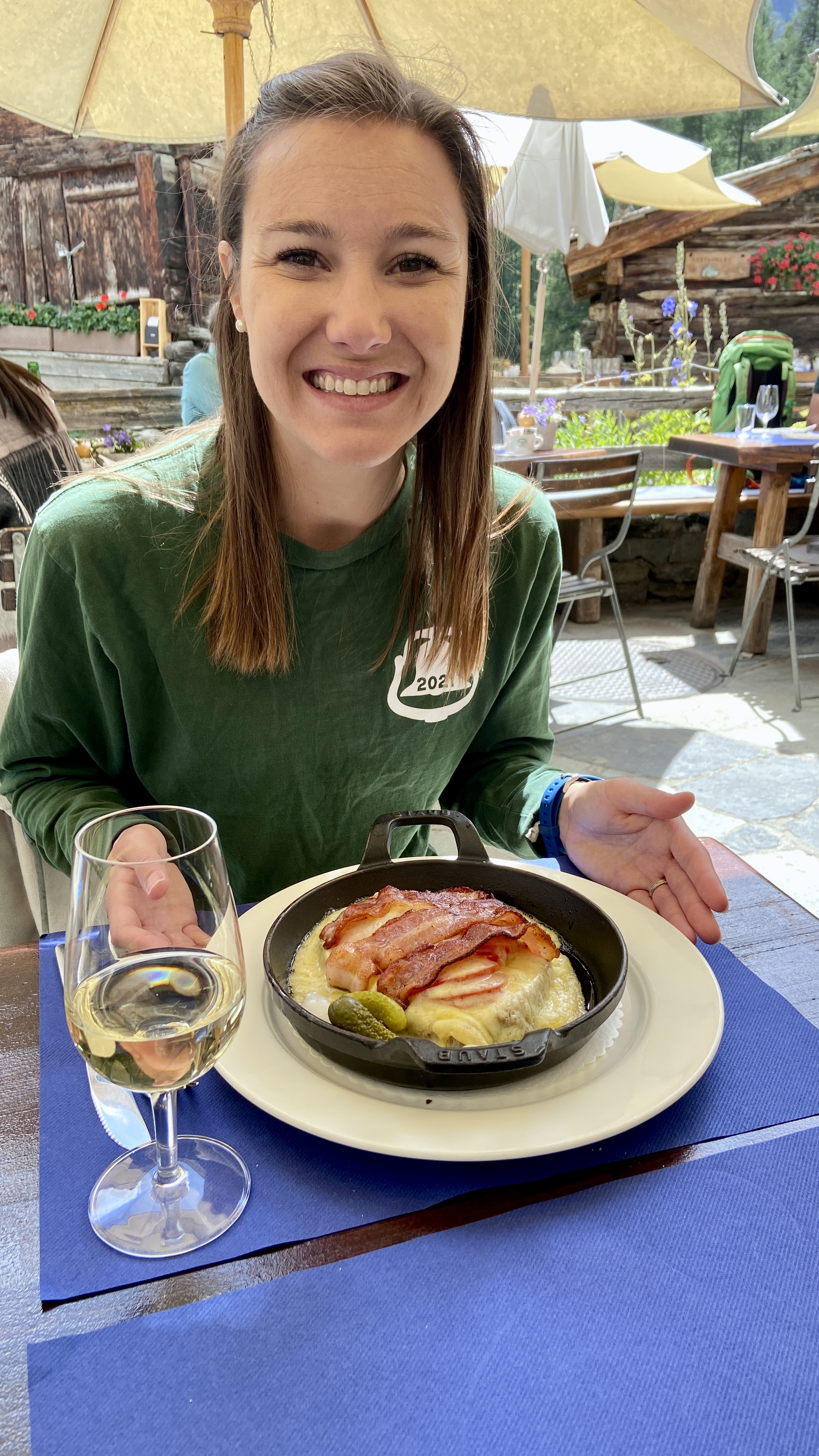 Jana enjoying a cheese toast at Restaurant Zum See Zermatt