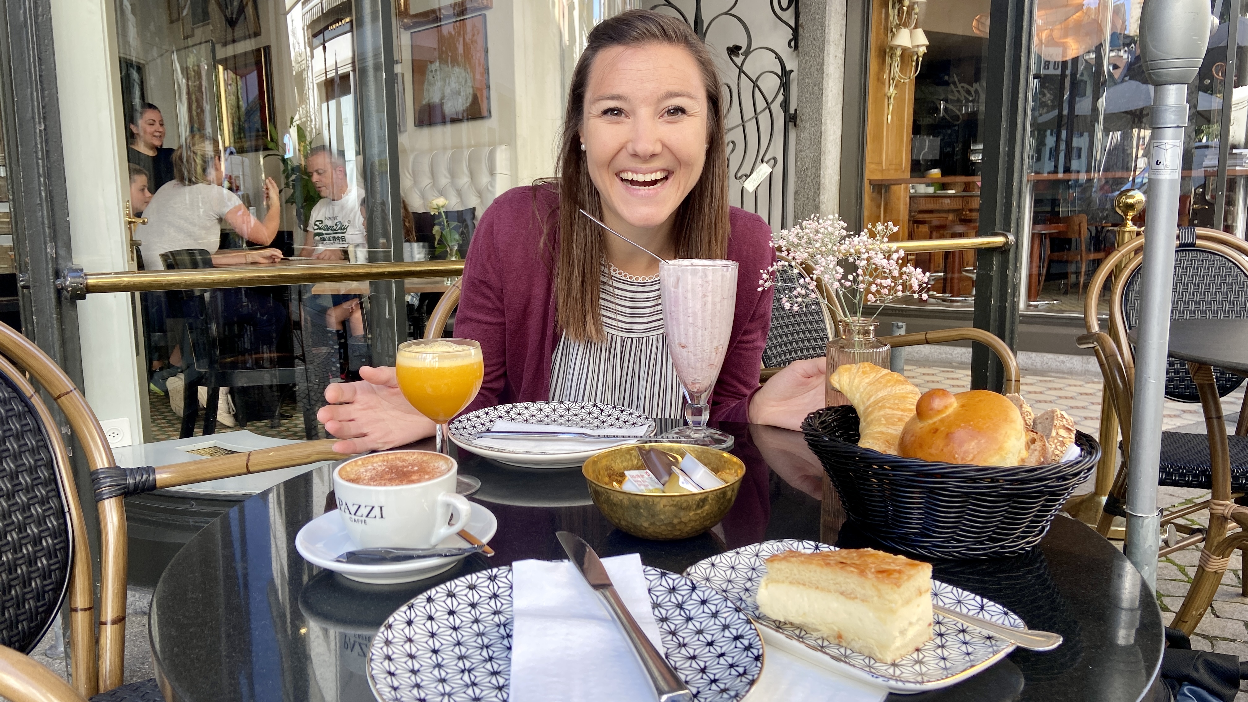 Jana eating breakfast at cafe marti gras lucerne