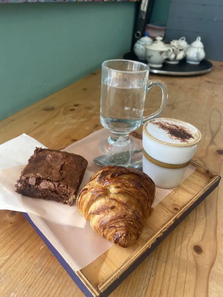 brownie coffee tea and croissant from Airtime Cafe and Bakery in Lauterbrunnen Switzerland