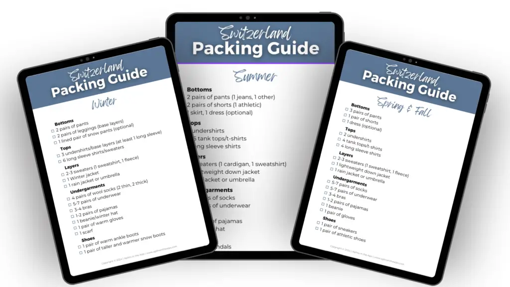 Switzerland Packing list for all seasons by Aplins in the Alps