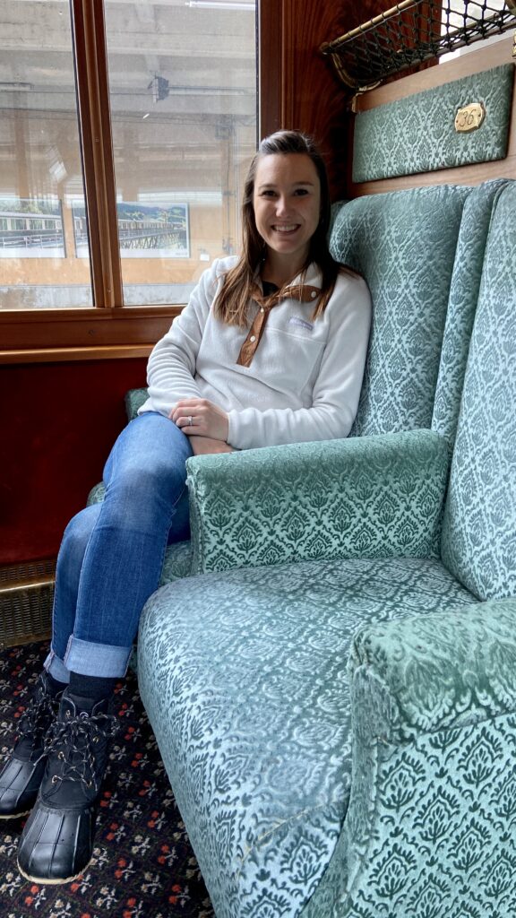 Jana aplin sitting in first class goldenpass express belle epoch train