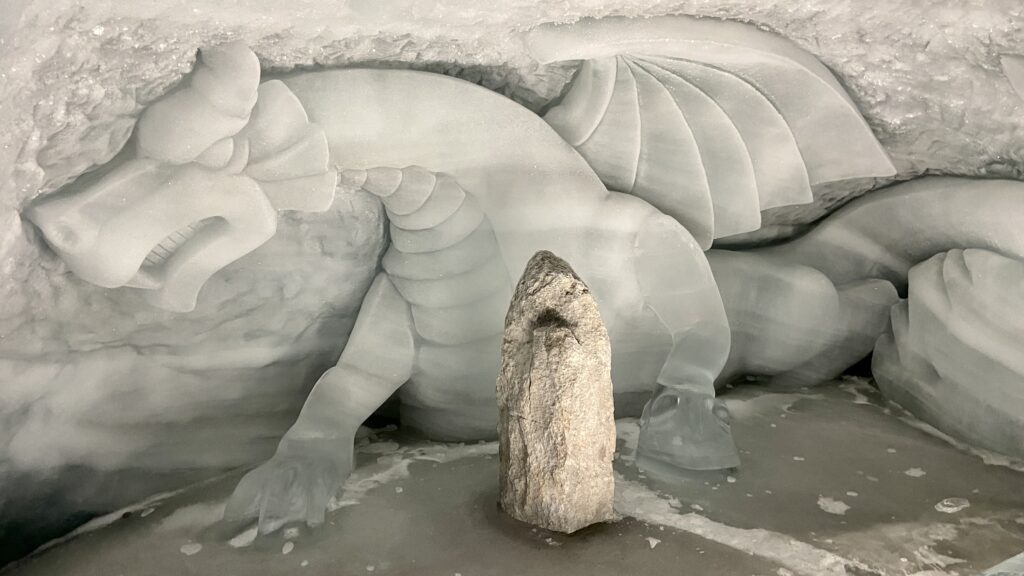 ice sculpture of a dragon at matterhorn glacier paradise ice palace