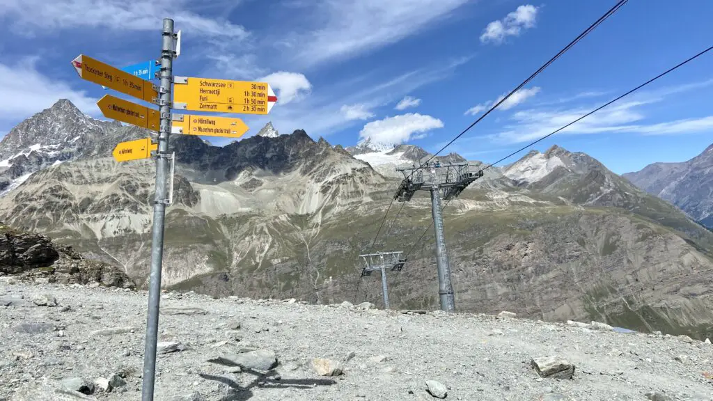 trail sign on the matterhorn glacier trail between trockener steg and schwarzsee