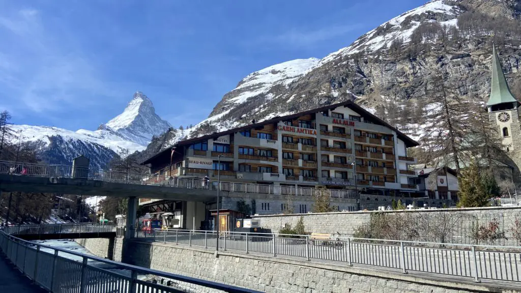 view of the Matterhorn from Matter Vispa River in Zermatt Switzerland