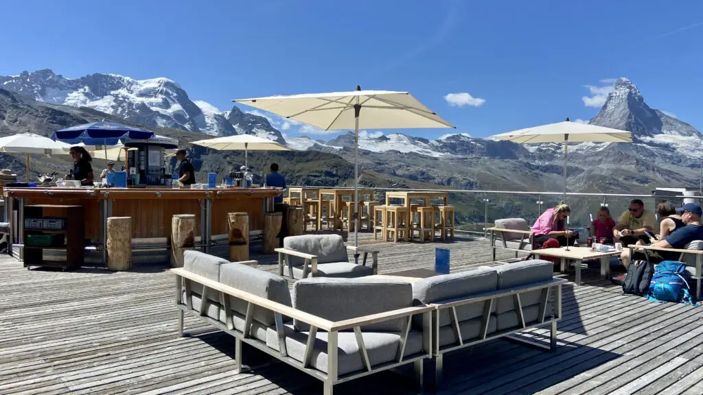 blauherd blue lounge terrace with matterhorn views on a sunny summer day