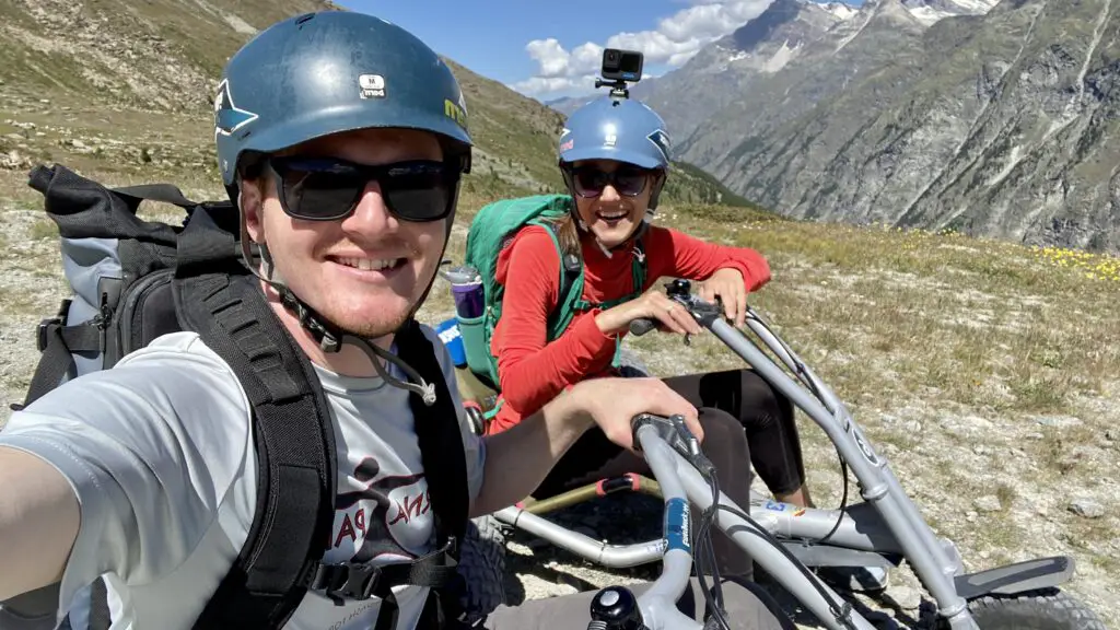 jana and brett aplins in the alps riding mountain carts in blauherd zermatt sunnegga
