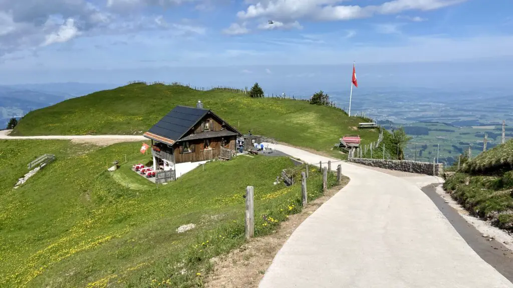 restaurant kessiboden on the rigi classic hike with swiss flag