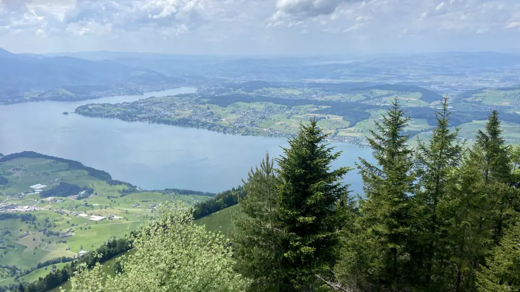 view of lake lucerne and swiss city of lucerne from Rigi Classic Hike Kaenzeli lookout near rigi kaltbad switzerland