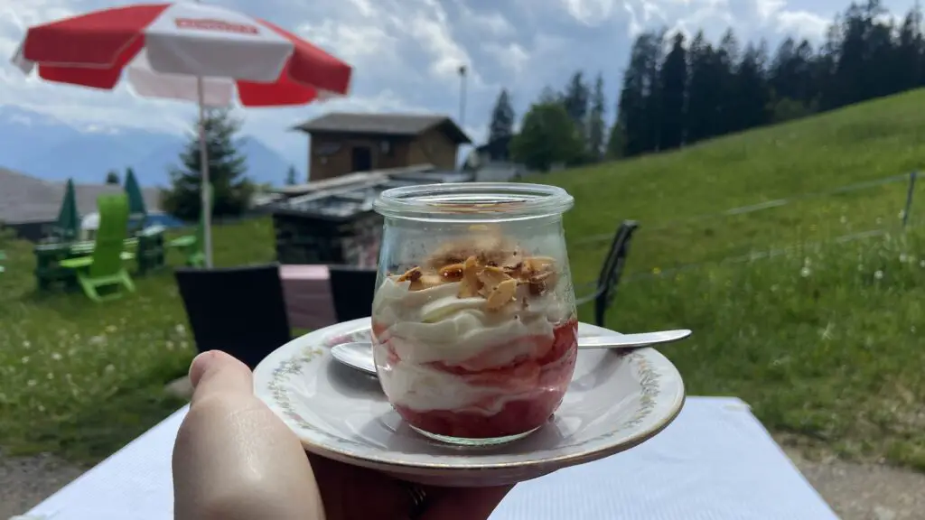 strawberry dessert at Gratalp Stübli Restaurant mt rigi kaltbad