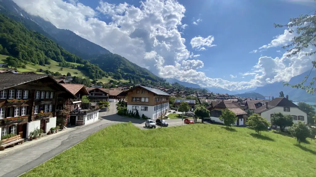 view from brienz church of brienz village and lake brienz