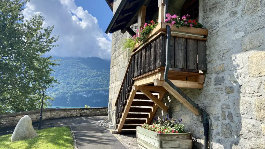 stairway at village church in brienz switzerland