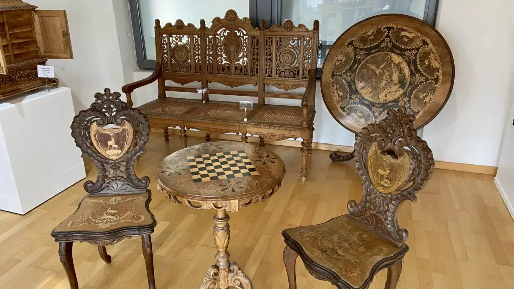 handcarved furniture at swiss woodcarving museum in brienz switzerland