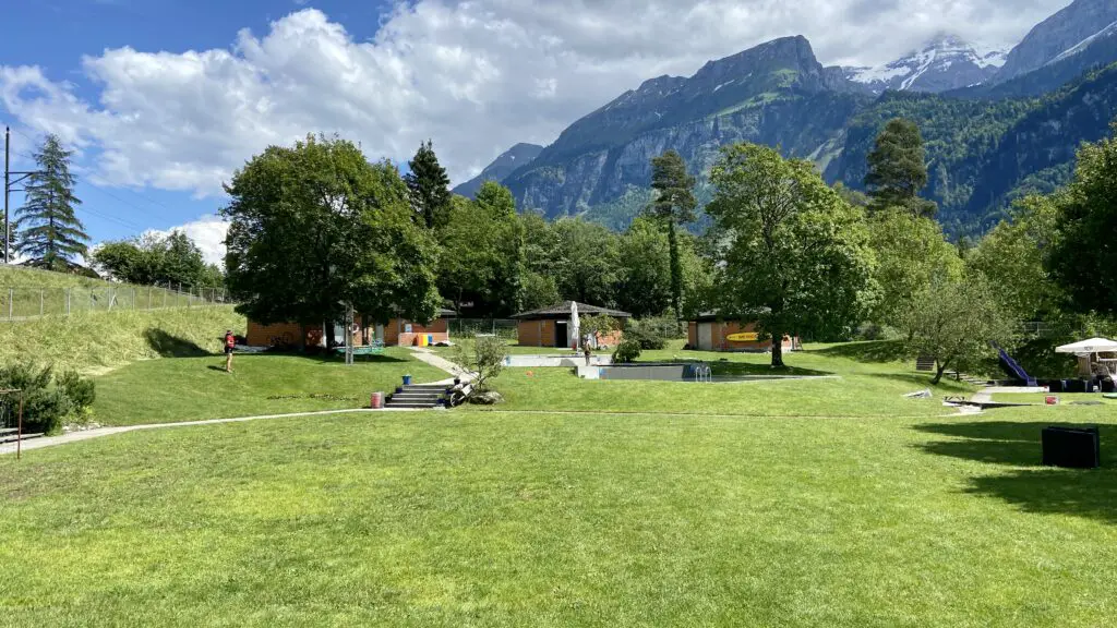 view of the grass at brienz strandbad on lake brienz