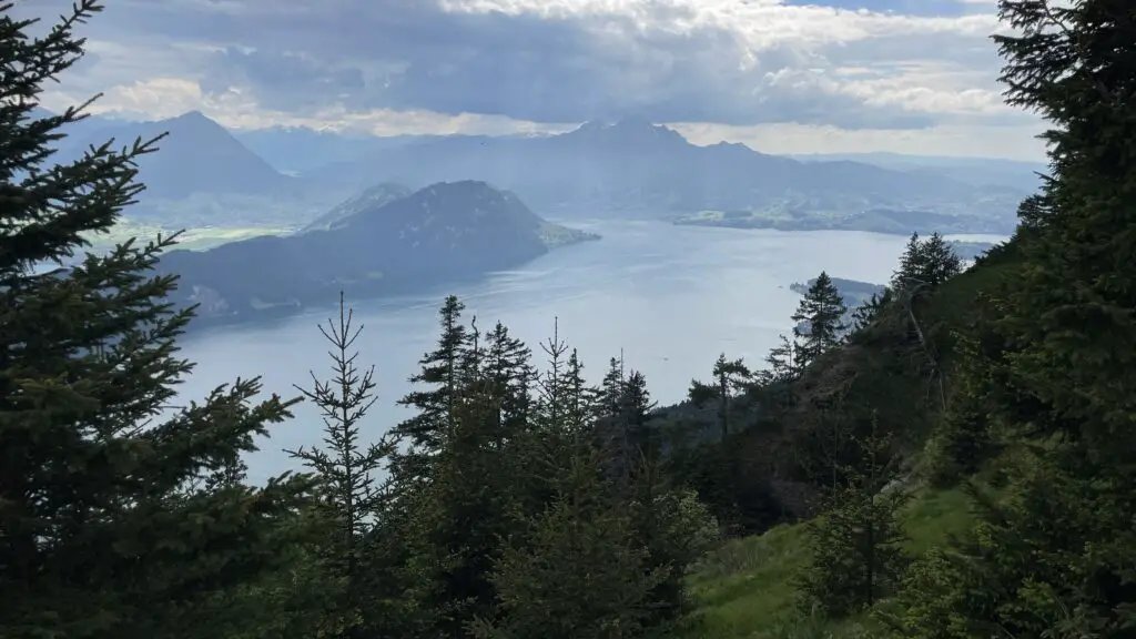 view of lake lucerne from the vitznau rigi cowheel train