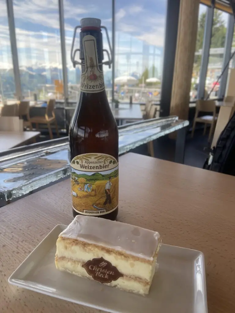 swiss beer and cremschnitte at stanserhorn self service restaurant