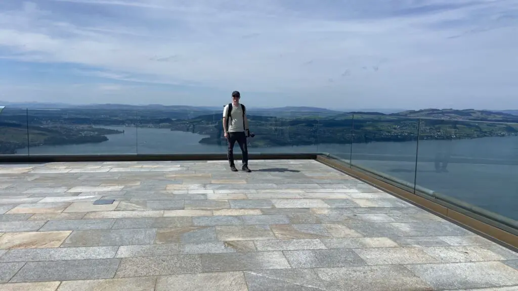 Brett on a viewing terrace of Lake Lucerne at Bürgenstock resort