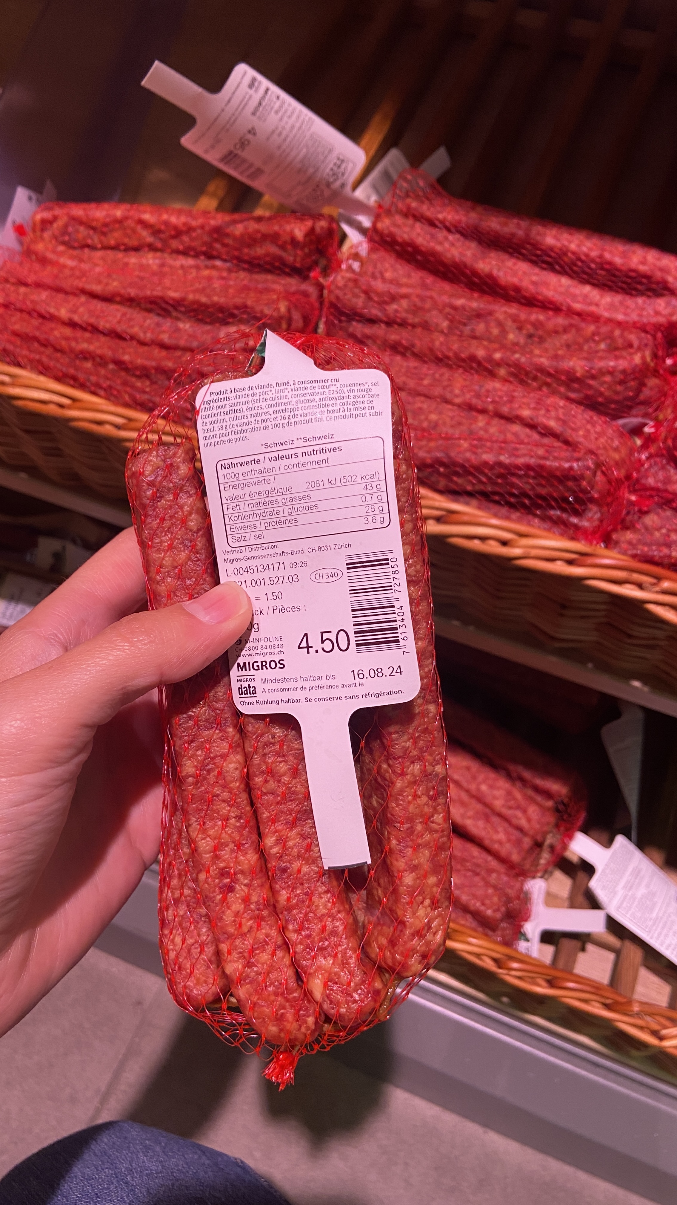 landjager dried sausage from migros grocery store in switzerland