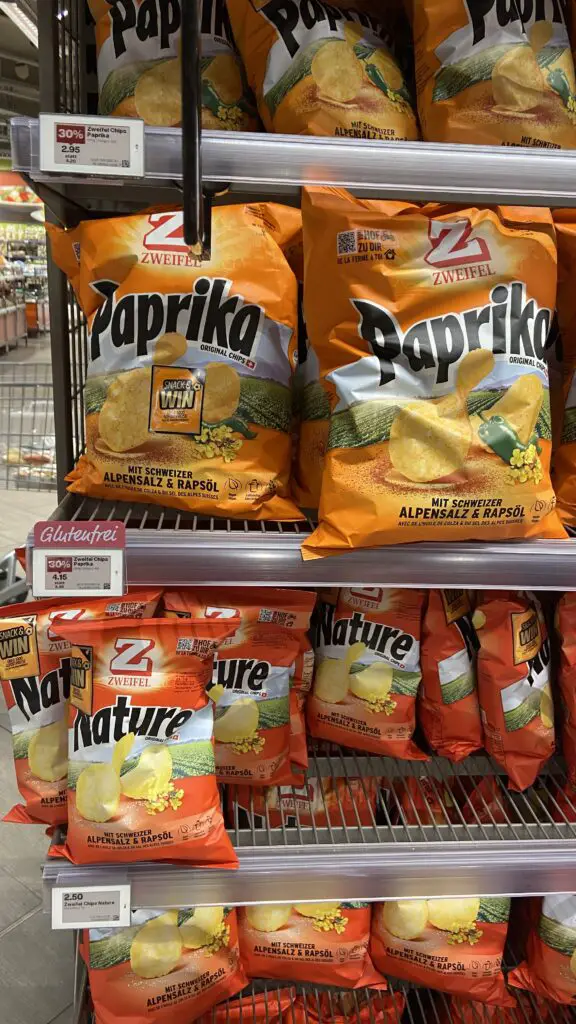 paprika potato chips zweigel from migros grocery store in switzerland