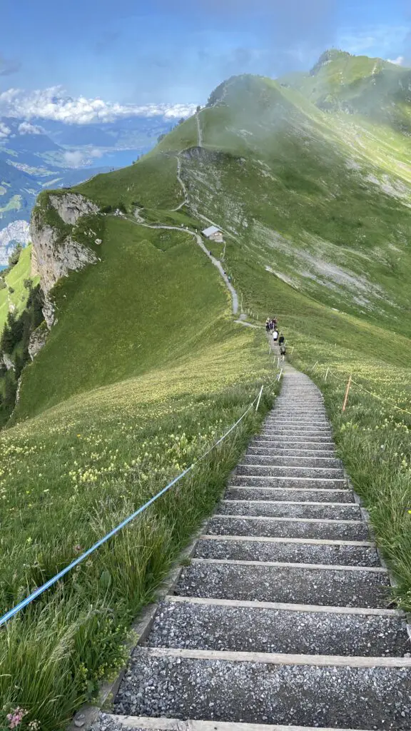 walking downhill on steps on the stoos ridge hike