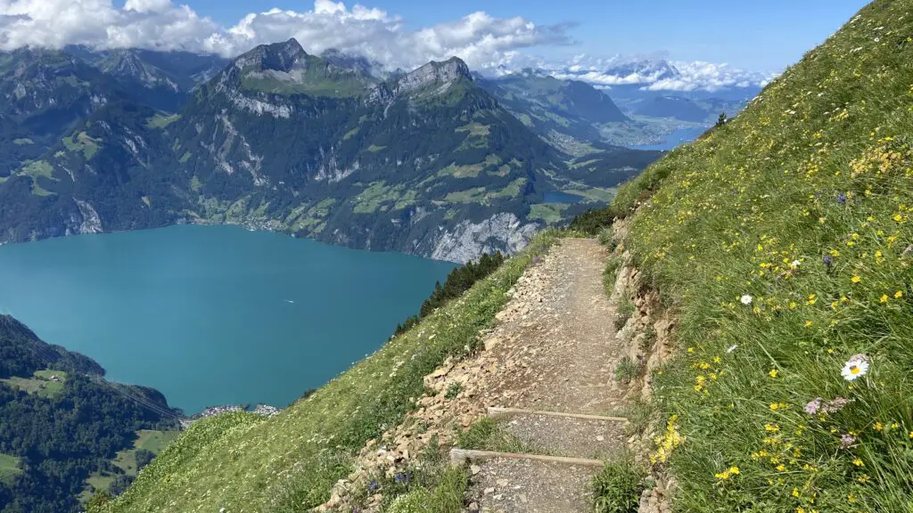 walking on the stoos ridge hike with views of lake lucerne and mt rigi
