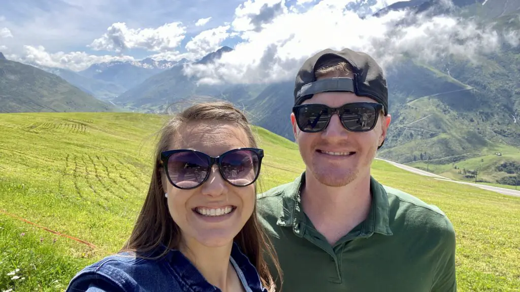 jana and brett aplins in the alps oberalp alp pass glacier express