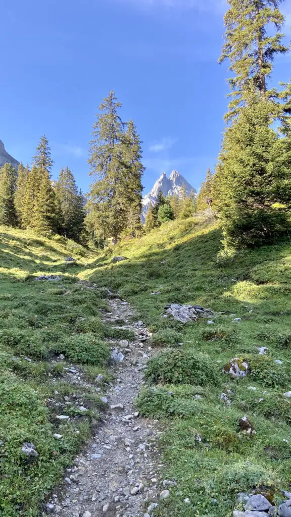 view of pointy peaks in swiss alps from the trail to tanzbodeli