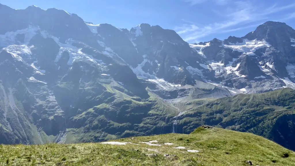 panoramic view of swiss alps and glaciers from tanzbödeli