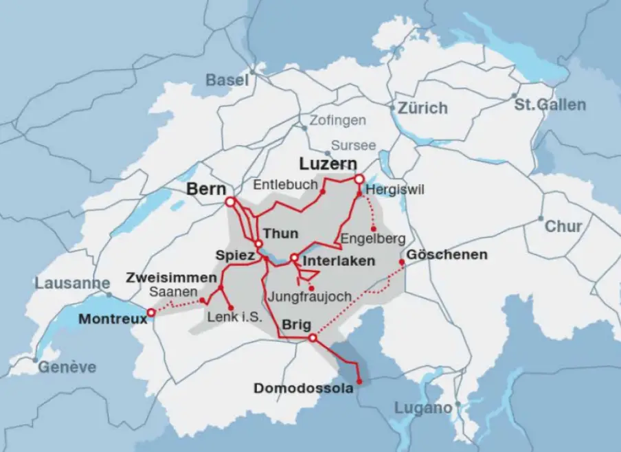 Berner Oberland Pass area of validity for 2024 Swiss rail pass