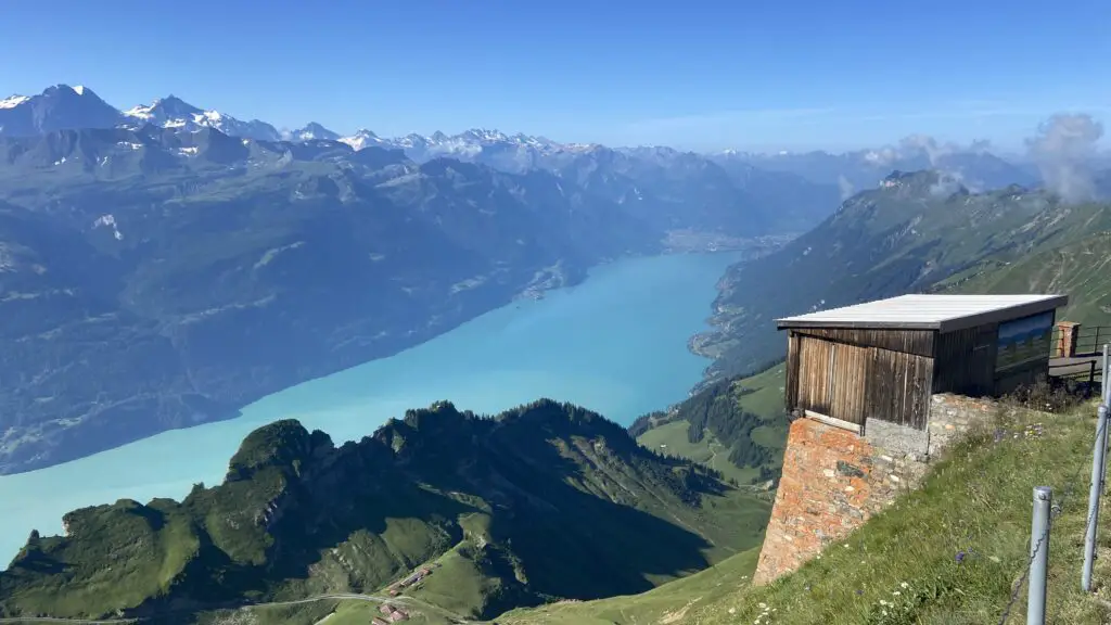 view of lake brienz and jungfrau region swiss alps from brienzer rothorn