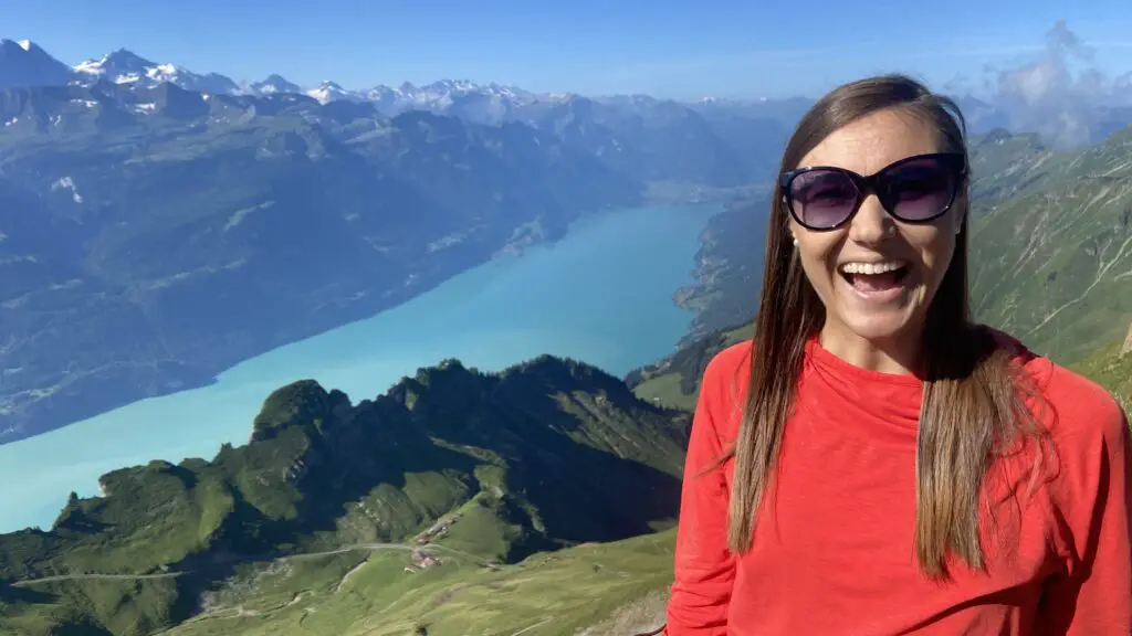 jana at brienz rothorn looking at swiss alps and lake brienz