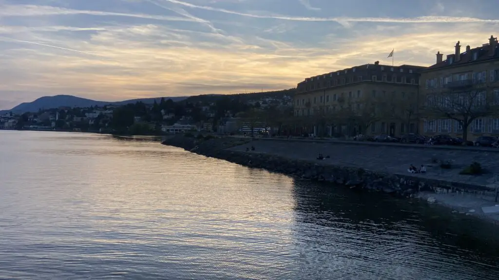 lake neuchatel at sunset