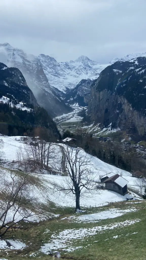 snowy view of lauterbrunnen from wengen