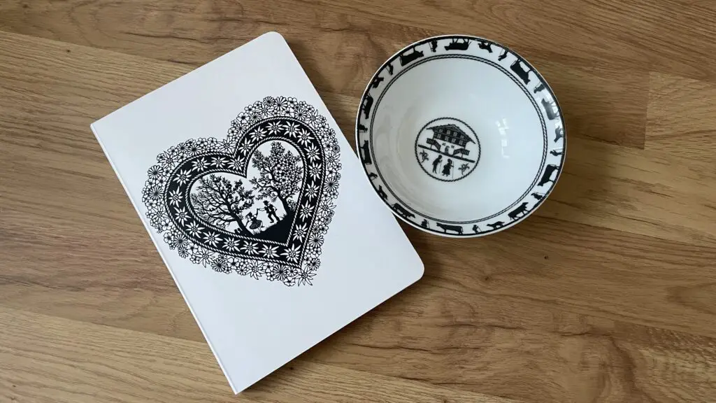 swiss black and white pattern journal and bowl
