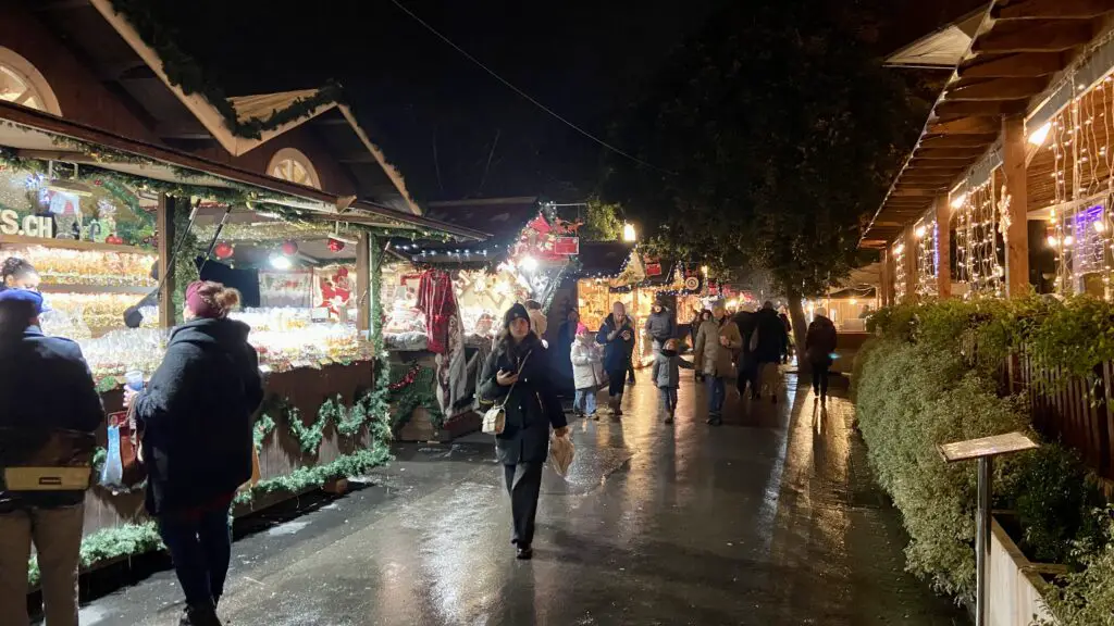 montreux noel swiss christmas market at night along lake geneva promenade
