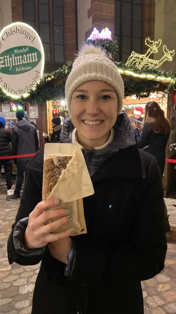 aplins in the alps eating a chäsbängel baguette filled with swiss cheese