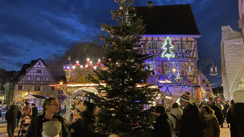 colmar france christmas tree and lights at night