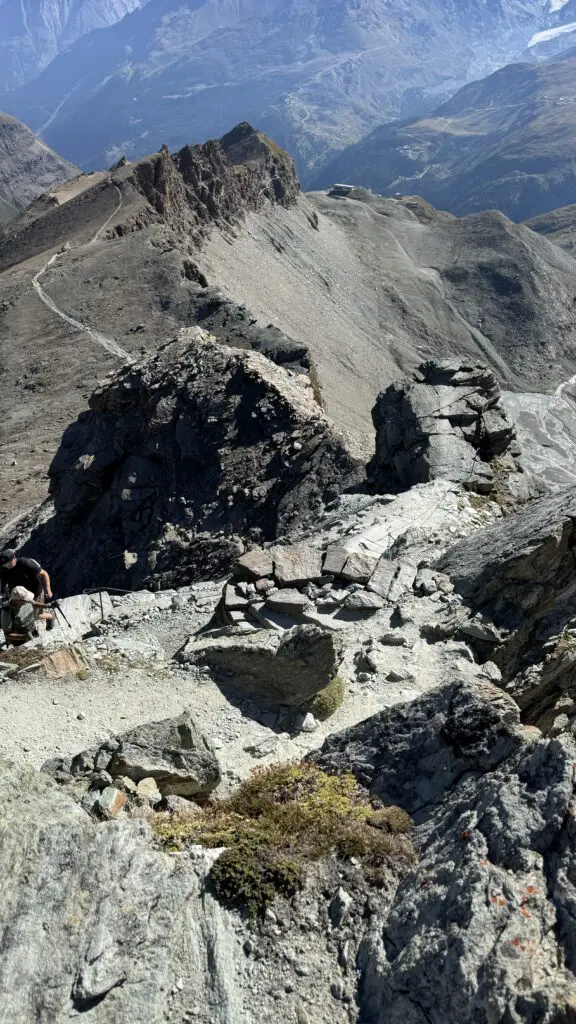 View of the switchbacks leading up to the hornli hut from zermatt switzerland