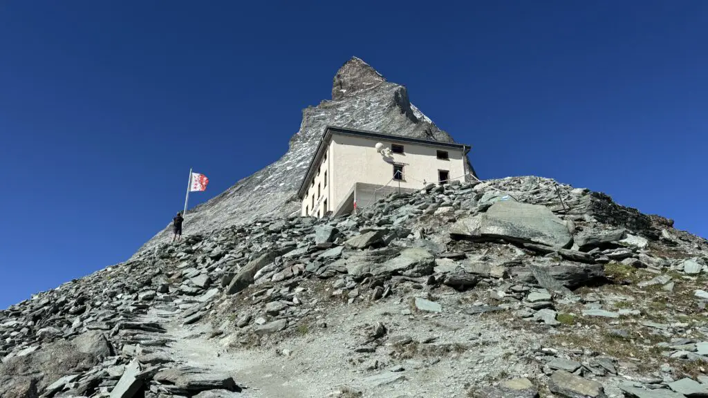 view of the matterhorn and hornli hut hiking in zermatt