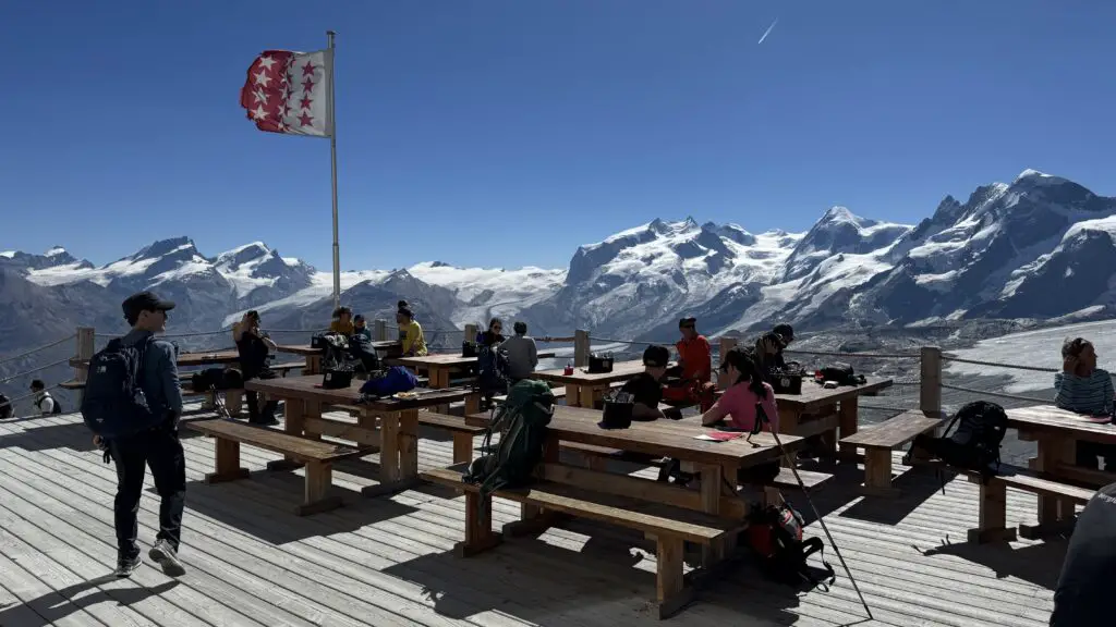 view of mountains and glaciers near zermatt switzerland from the terrace of the hornli hut
