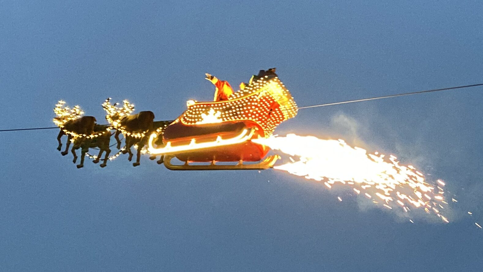 santa flying over montreux noel christmas market in switzerland